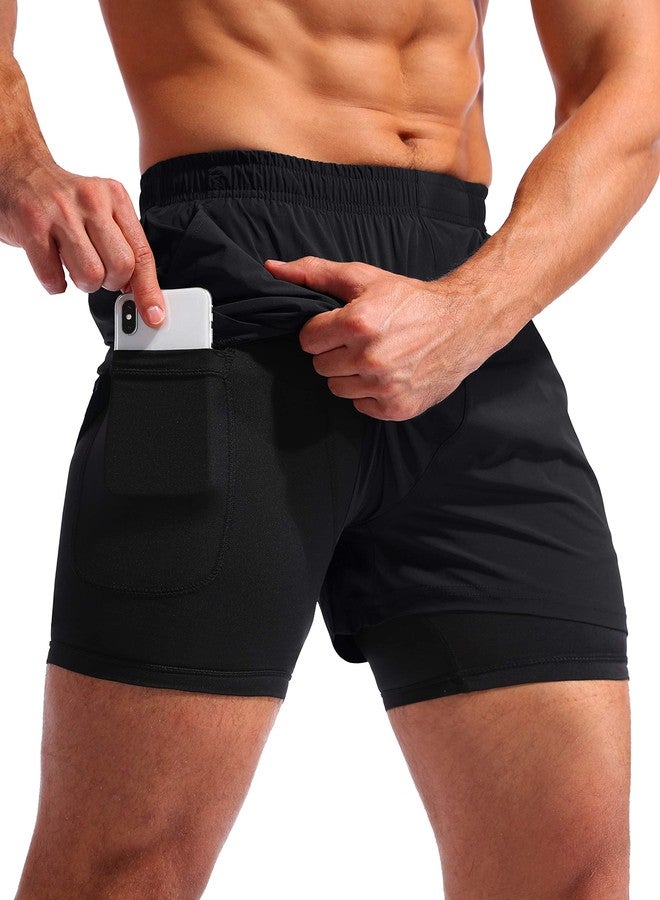 Pudolla Men’s 2 in 1 Running Shorts 5" Quick Dry Gym Athletic Workout Shorts for Men with Phone Pockets(Black Medium) - Image 1